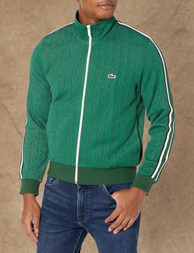 Men's green athletic jacket with zipper and white stripes, perfect for sports and fitness activities.