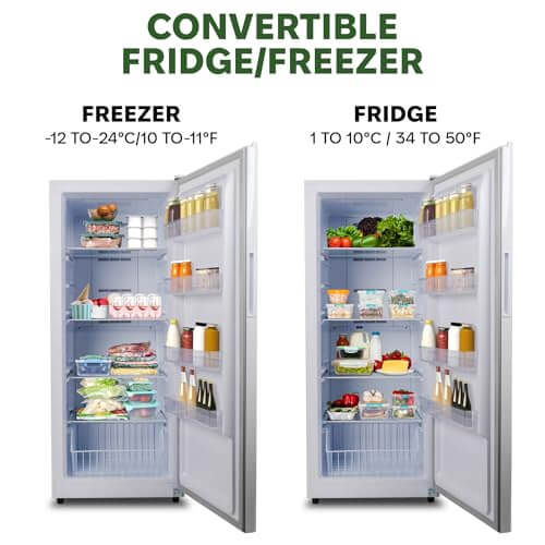 Convertible fridge/freezer showcasing both sections: freezer at -12 to -24°C and fridge at 1 to 10°C.