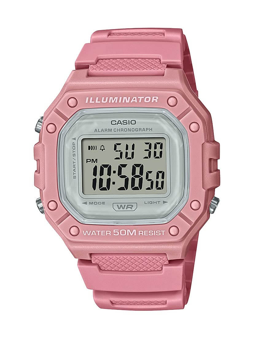 Pink Casio Illuminator digital watch with alarm and 50M water resistance, featuring a sporty design.