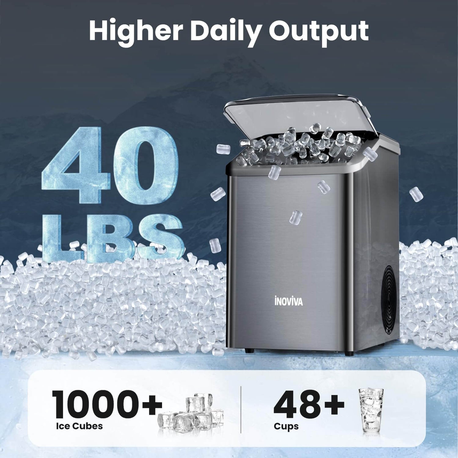 Stainless steel ice maker producing 40 lbs of ice daily, with 1000+ ice cubes and 48 cups capacity.