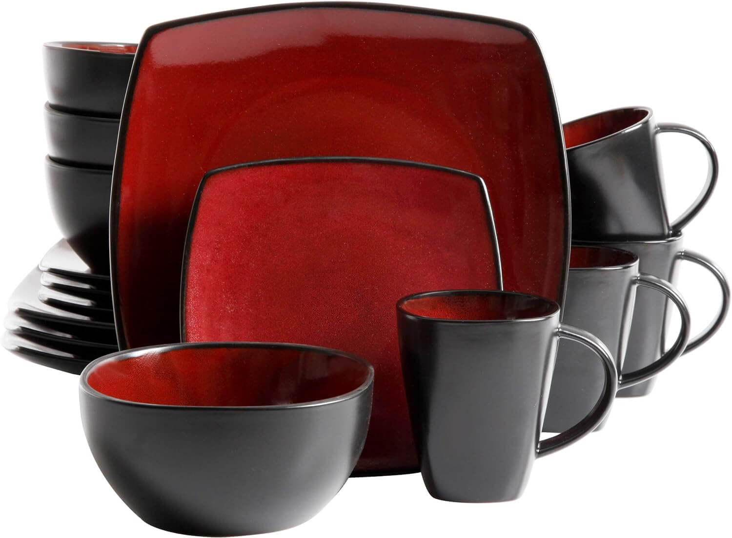 Set of black and red dinnerware including plates, bowls, and mugs for stylish kitchen and dining experiences.