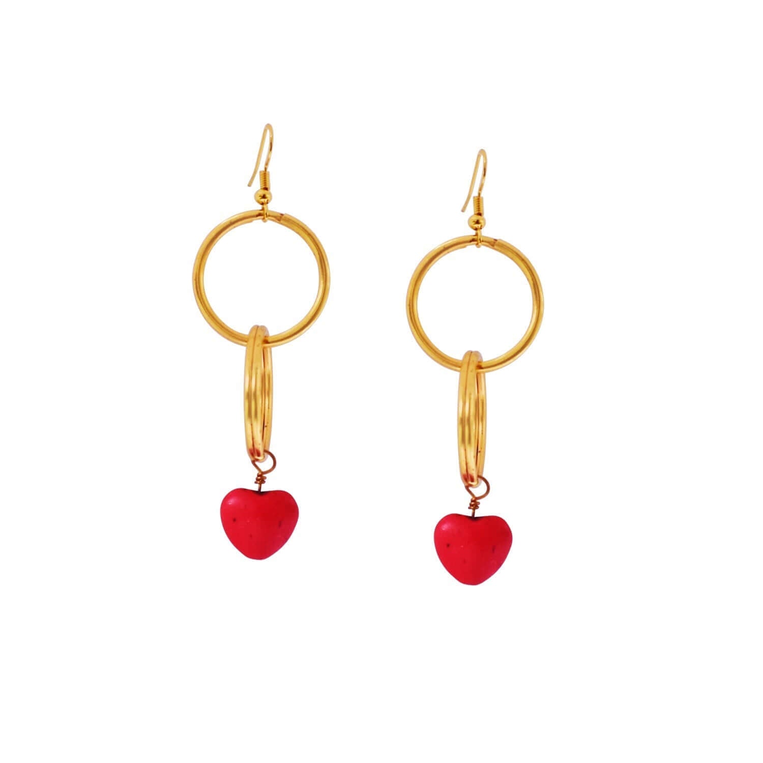 Gold hoop earrings with vibrant red heart charms, perfect for a stylish statement in any jewelry collection.