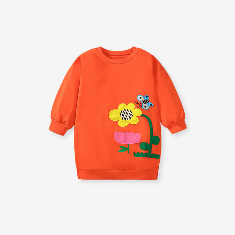 Bright orange children's sweatshirt with colorful flower and butterfly embroidery, perfect for mother and kids matching outfits.