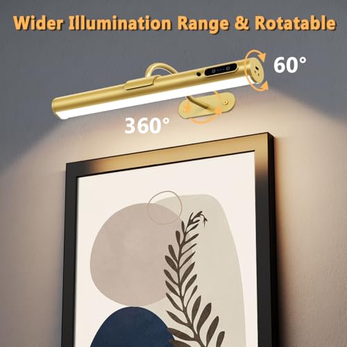 Picture Lights for Wall Battery Operated, Wireless Art Light for Paintings, Rechargeable Wall Sconce for Picture with Remote Control, Dimmable Wall Lighting for Gallery Dartboard Mirror - Gold