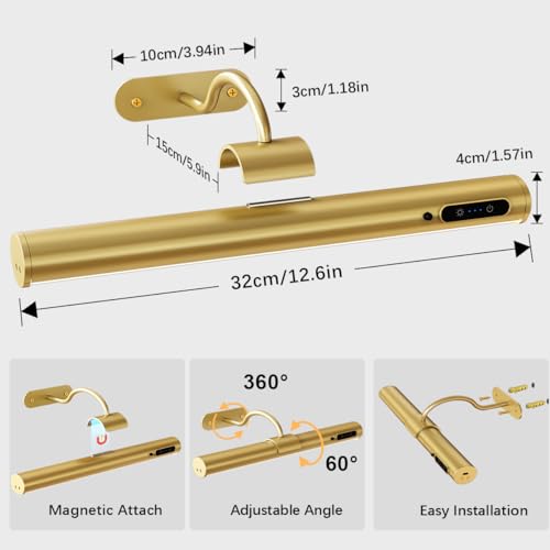 Picture Lights for Wall Battery Operated, Wireless Art Light for Paintings, Rechargeable Wall Sconce for Picture with Remote Control, Dimmable Wall Lighting for Gallery Dartboard Mirror - Gold