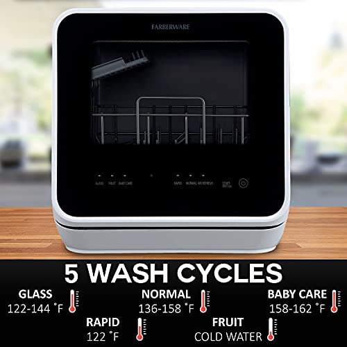 Farberware Portable Countertop Dishwasher with 5-Liter Built-in Water Tank - 5-Program System for Home, RV, and Apartment - Wash Dishes, Glass, and Baby Products