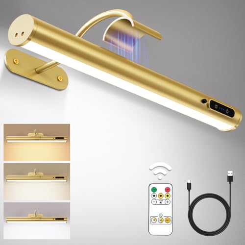 Picture Lights for Wall Battery Operated, Wireless Art Light for Paintings, Rechargeable Wall Sconce for Picture with Remote Control, Dimmable Wall Lighting for Gallery Dartboard Mirror - Gold