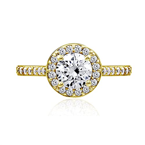 Essentials Platinum or Gold Plated Sterling Silver Round Halo Ring Made with Infinite Elements Zirconia, (previously Amazon Collection)