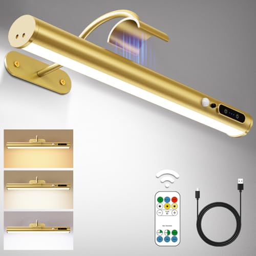 Picture Lights for Wall Battery Operated, Wireless Art Light for Paintings, Rechargeable Wall Sconce for Picture with Remote Control, Dimmable Wall Lighting for Gallery Dartboard Mirror - Gold