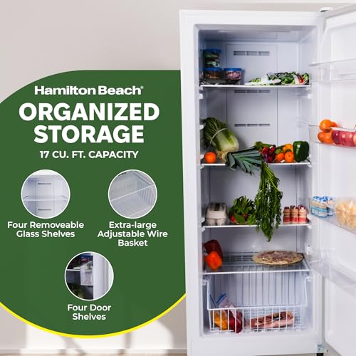 Hamilton Beach HZ4941 14 cu ft Upright Convertible Fridge/Freezer-Frost Free-Reversible Door-Removable Glass Shelves-LED Interior Light, White