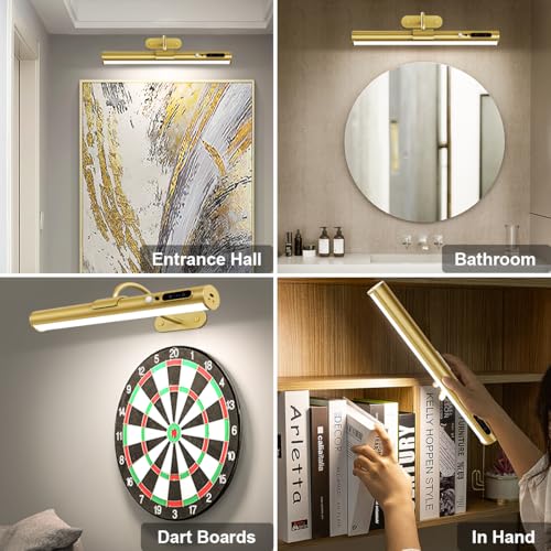 Picture Lights for Wall Battery Operated, Wireless Art Light for Paintings, Rechargeable Wall Sconce for Picture with Remote Control, Dimmable Wall Lighting for Gallery Dartboard Mirror - Gold