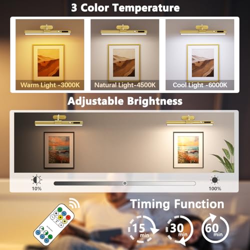 Picture Lights for Wall Battery Operated, Wireless Art Light for Paintings, Rechargeable Wall Sconce for Picture with Remote Control, Dimmable Wall Lighting for Gallery Dartboard Mirror - Gold