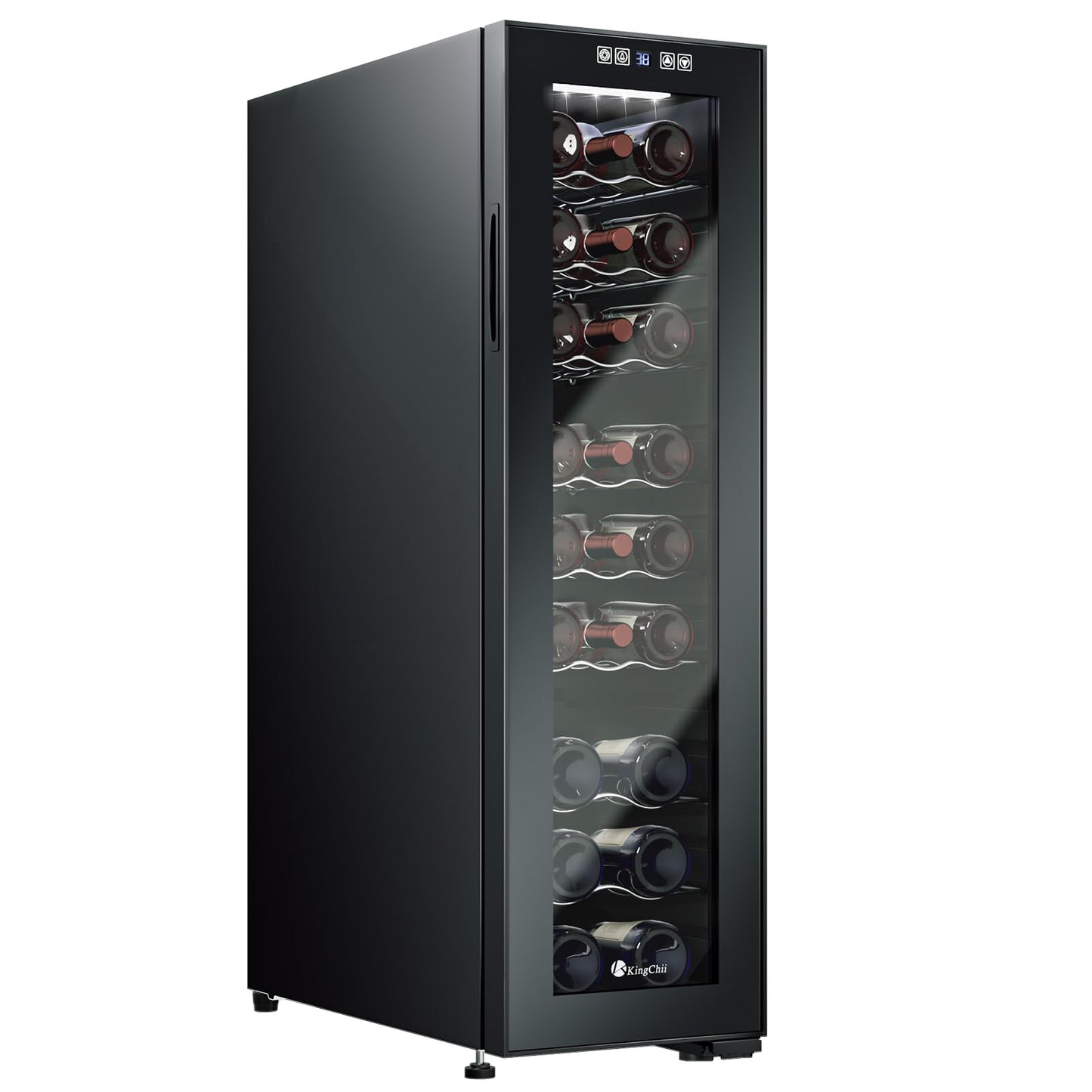 KingChii 16 Bottle Wine Cooler, Freestanding Wine Fridge with Glass Door, Adjustable Shelves & Digital Temperature Display Wine Refrigerator for Red, White, Champagne - Perfect for Home, Kitchen, Bar