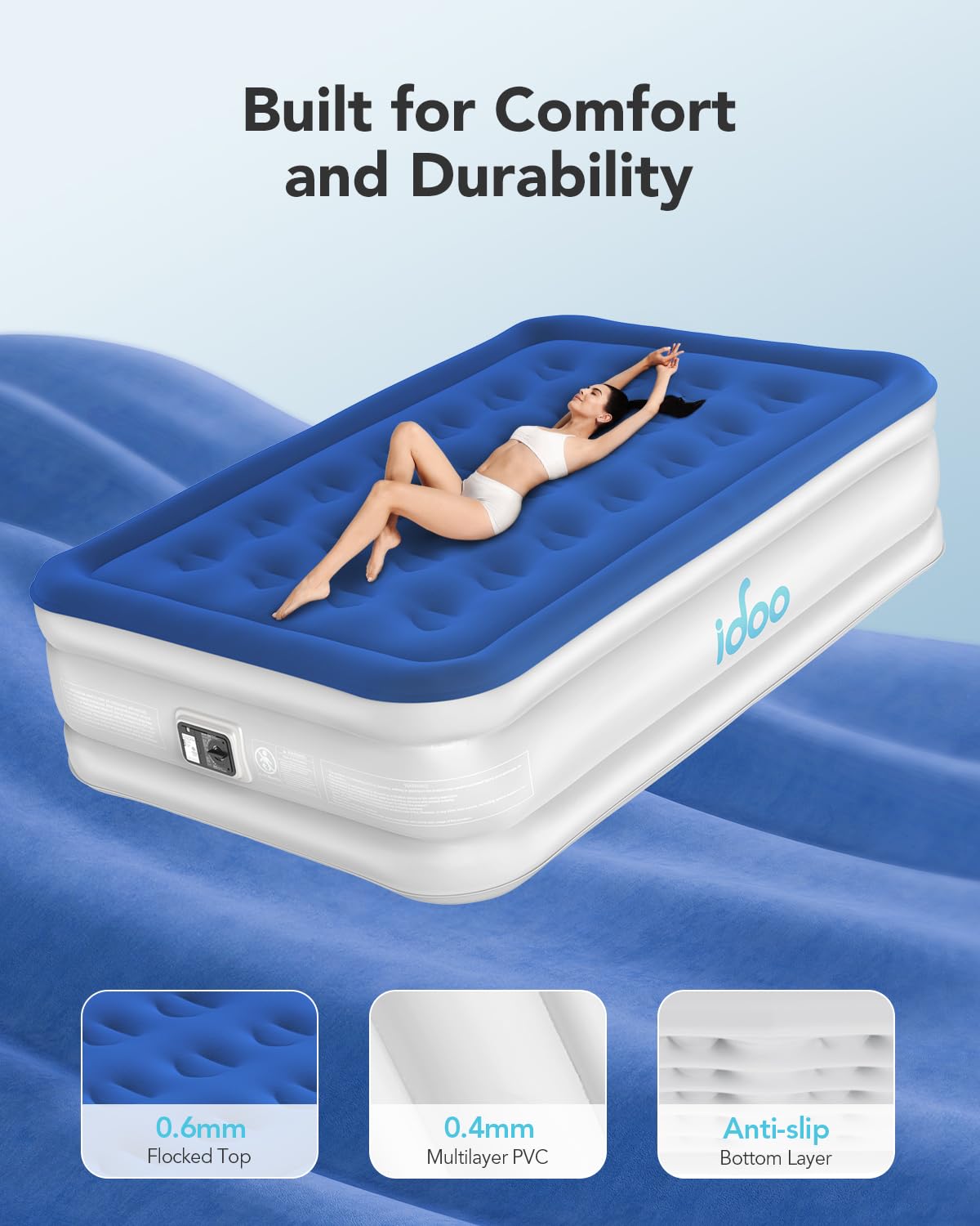 iDOO Twin Air Mattress with Built in Pump, Comfort Blow up Mattress, Inflatable Mattress with Carry Bag for Guests, Home, Camping, Colchones Inflables