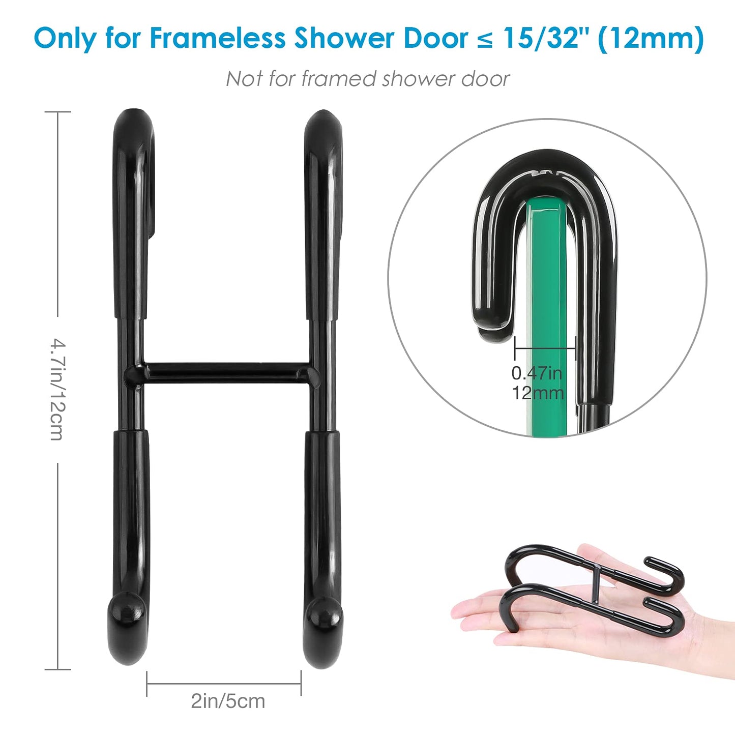 Simtive Shower Door Hooks (2-Pack), Towel Hooks for Bathroom Frameless Glass Squeegee Hooks, Black