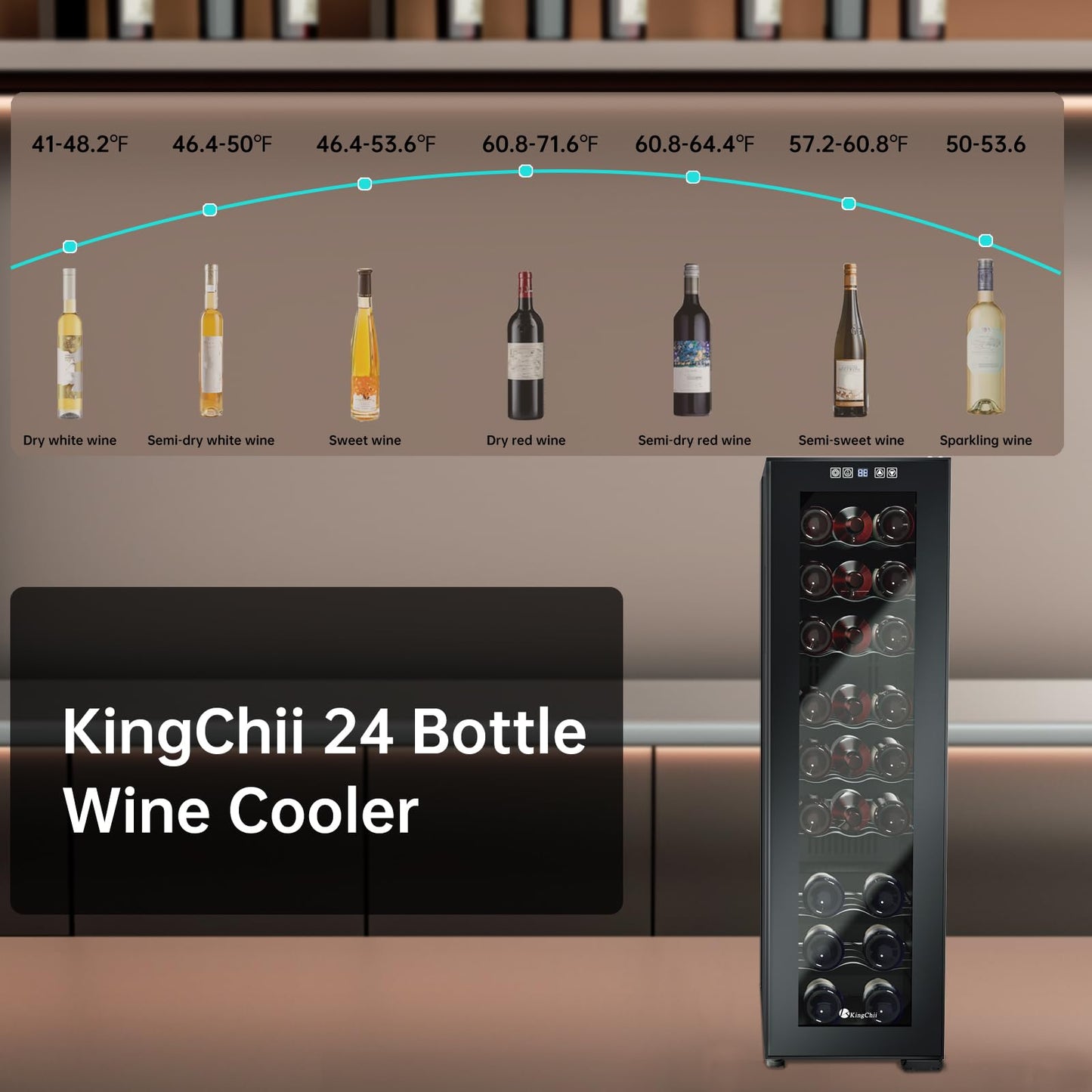 KingChii 16 Bottle Wine Cooler, Freestanding Wine Fridge with Glass Door, Adjustable Shelves & Digital Temperature Display Wine Refrigerator for Red, White, Champagne - Perfect for Home, Kitchen, Bar