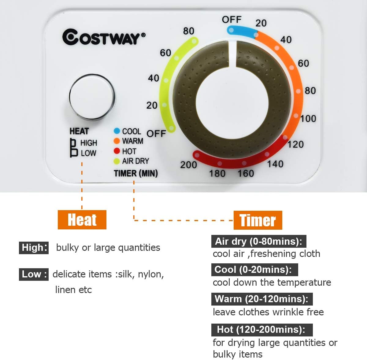 COSTWAY Compact 110V Electric Portable Clothes Stainless Steel Tub Laundry Dryer, for 4 Automatic Drying Mode, White