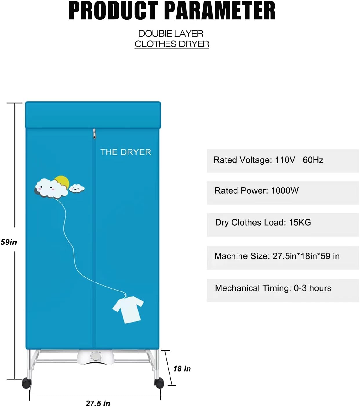 Portable Dryer,110V 1000W Electric Clothes Dryer Machine Double layer Stackable Clothes Drying Rack for Apartments, RV,Laundry,and More