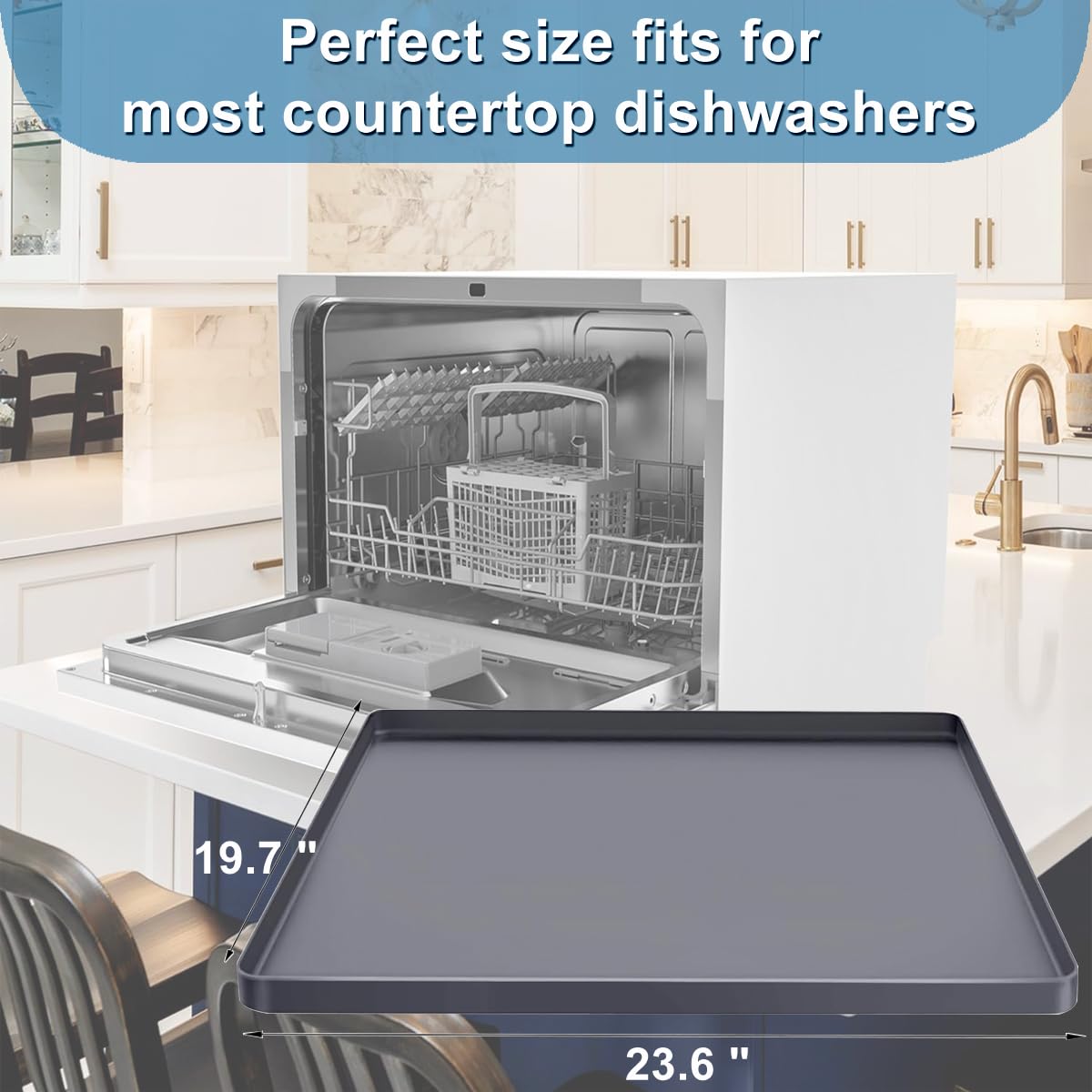 Dishwasher Pan Dishwasher Drain Pan Mat, Portable Dishwasher Silicone Mat with Raised Edge, Small Dishwasher Drip Pan Dishwasher Tray for Leaks, Non-Slip Waterproof Protector Pad, 24''x20'' No Hole