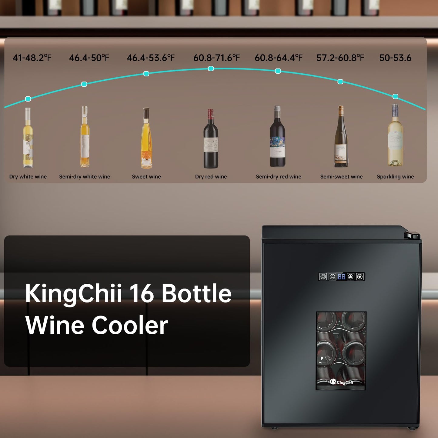 KingChii 16 Bottle Wine Cooler, Freestanding Wine Fridge with Glass Door, Adjustable Shelves & Digital Temperature Display Wine Refrigerator for Red, White, Champagne - Perfect for Home, Kitchen, Bar