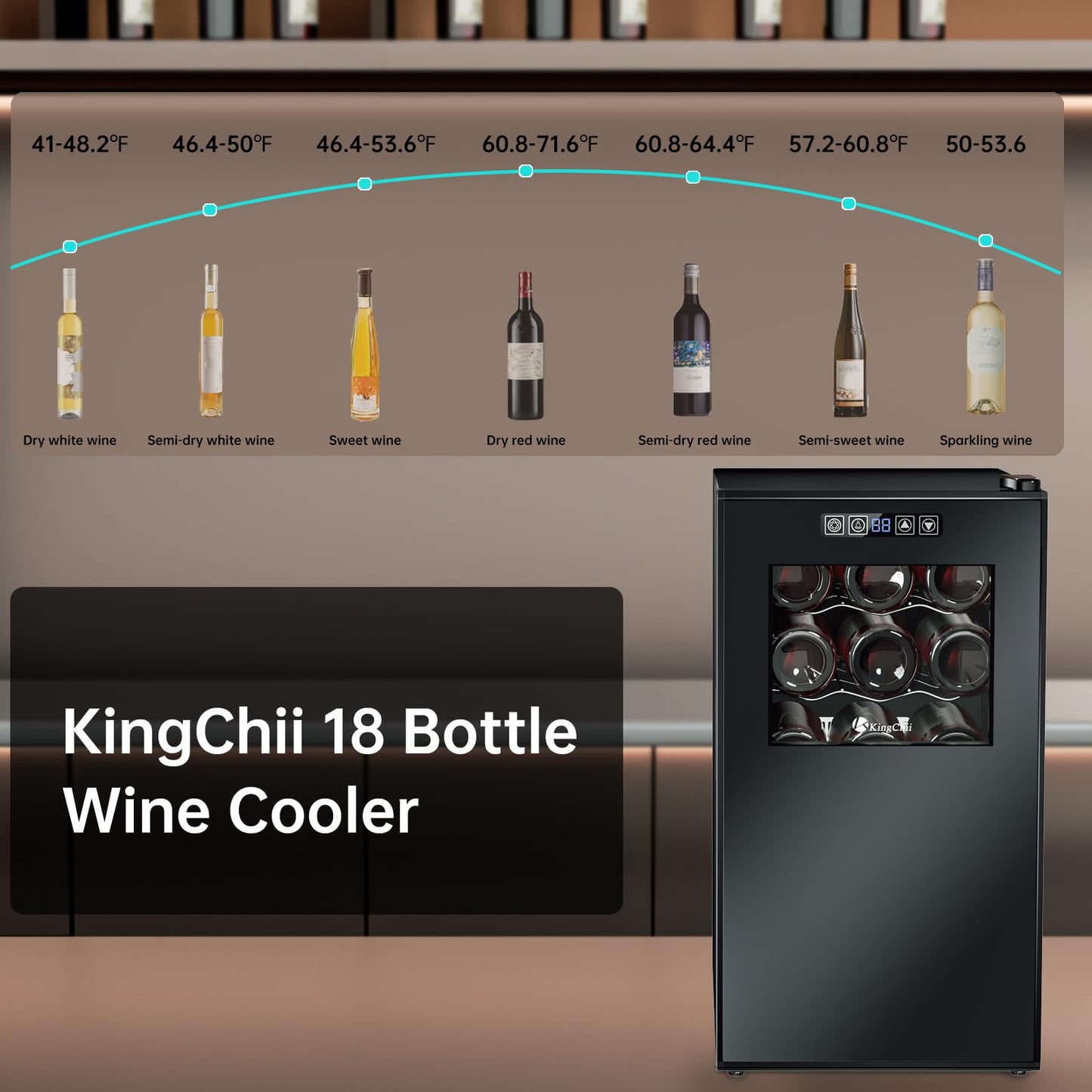 KingChii 16 Bottle Wine Cooler, Freestanding Wine Fridge with Glass Door, Adjustable Shelves & Digital Temperature Display Wine Refrigerator for Red, White, Champagne - Perfect for Home, Kitchen, Bar