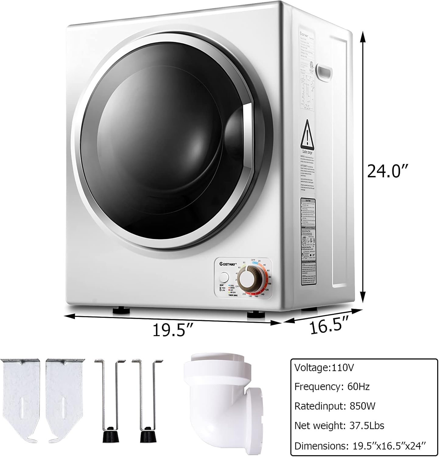 COSTWAY Compact 110V Electric Portable Clothes Stainless Steel Tub Laundry Dryer, for 4 Automatic Drying Mode, White