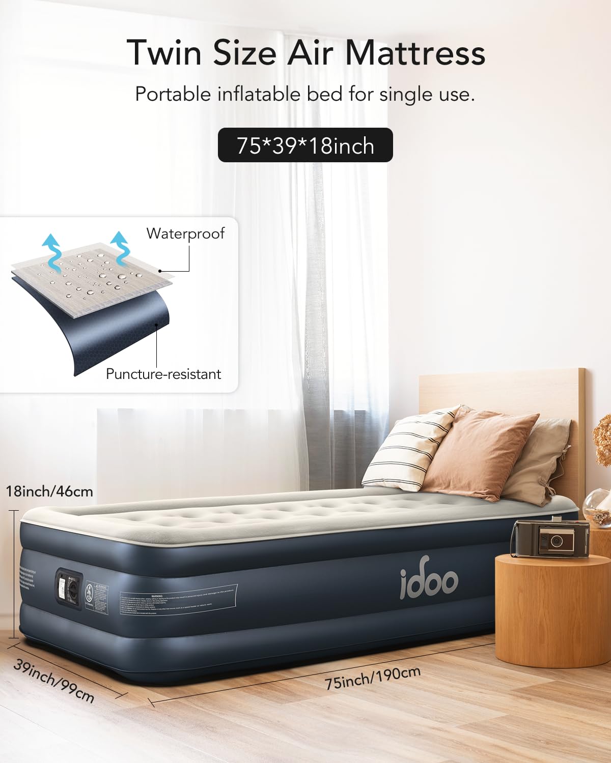 iDOO Twin Air Mattress with Built in Pump, Comfort Blow up Mattress, Inflatable Mattress with Carry Bag for Guests, Home, Camping, Colchones Inflables