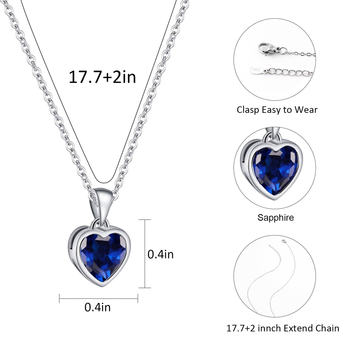 925 Sterling Silver Sapphire Heart Necklace Blue Pendant Necklace for Women Handmade Love Birthstone Necklace for Valentines Day