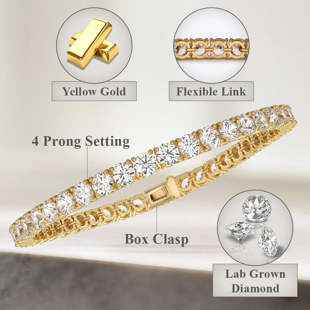 Diamond2Deal 14k Gold Round Cut Lab Grown Diamond Tennis Bracelet (1ct to 10ct, Color-D, Clarity- VS) 7 inch