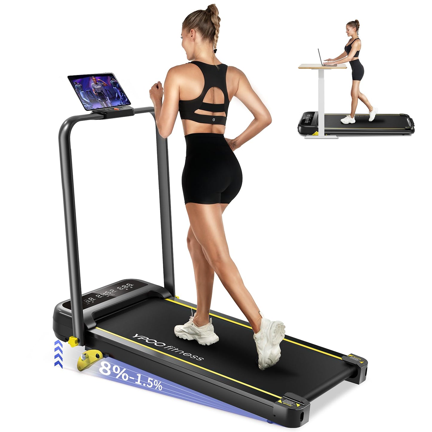 Foldable Treadmill with Incline, Walking Pad with Handle Bar 3 Level Incline, Portable Folding Treadmills for Home/Office 300 Lbs Capacity, Quiet Desk Treadmill with Remote Control & APP