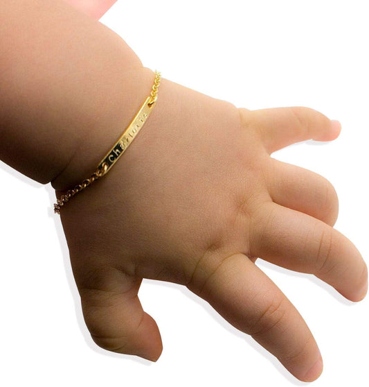 Baby Name Bar id Bracelet Baby Gift Personalized gift 16k Gold Plated Dainty Hand Stamp Your Baby Name Customized New Born to Children First Birthday Great Gift