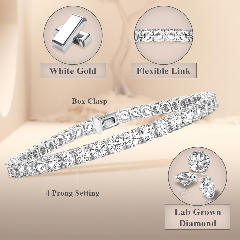 Diamond2Deal 14k Gold Round Cut Lab Grown Diamond Tennis Bracelet (1ct to 10ct, Color-D, Clarity- VS) 7 inch