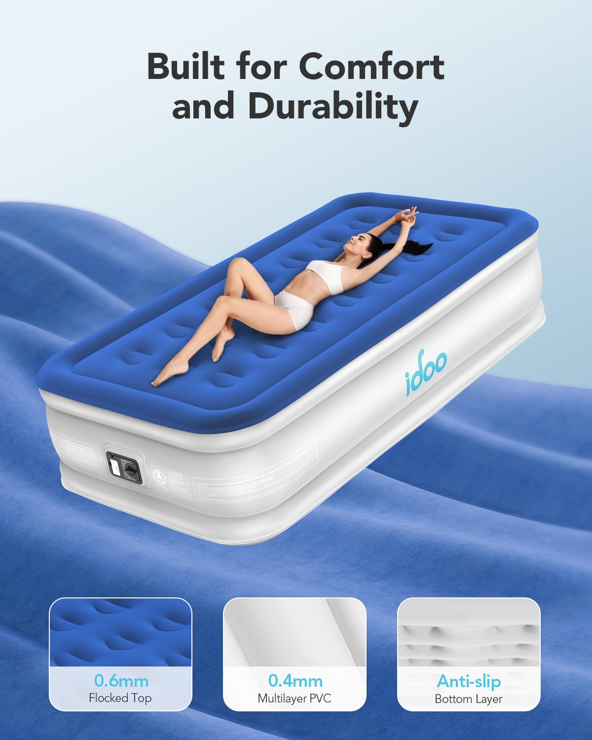 iDOO Twin Air Mattress with Built in Pump, Comfort Blow up Mattress, Inflatable Mattress with Carry Bag for Guests, Home, Camping, Colchones Inflables