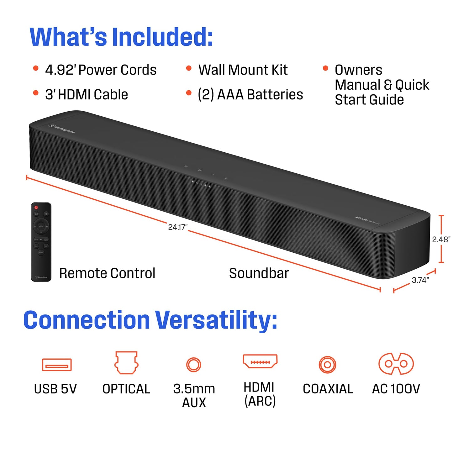 Westinghouse Mini barra de sonido compacta de 2.0 canales con Dolby Atmos y Digital Plus, sistema de sonido envolvente de 120 W para TV, audio de cine en casa, Bluetooth, fácil configuración, listo