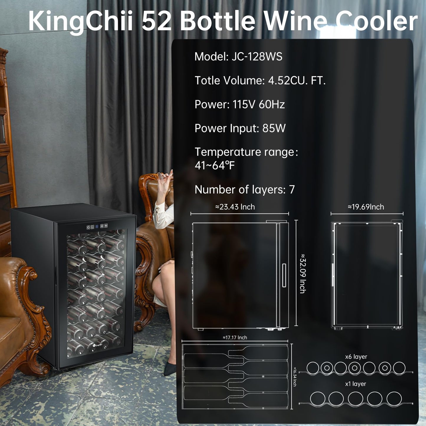 KingChii 16 Bottle Wine Cooler, Freestanding Wine Fridge with Glass Door, Adjustable Shelves & Digital Temperature Display Wine Refrigerator for Red, White, Champagne - Perfect for Home, Kitchen, Bar