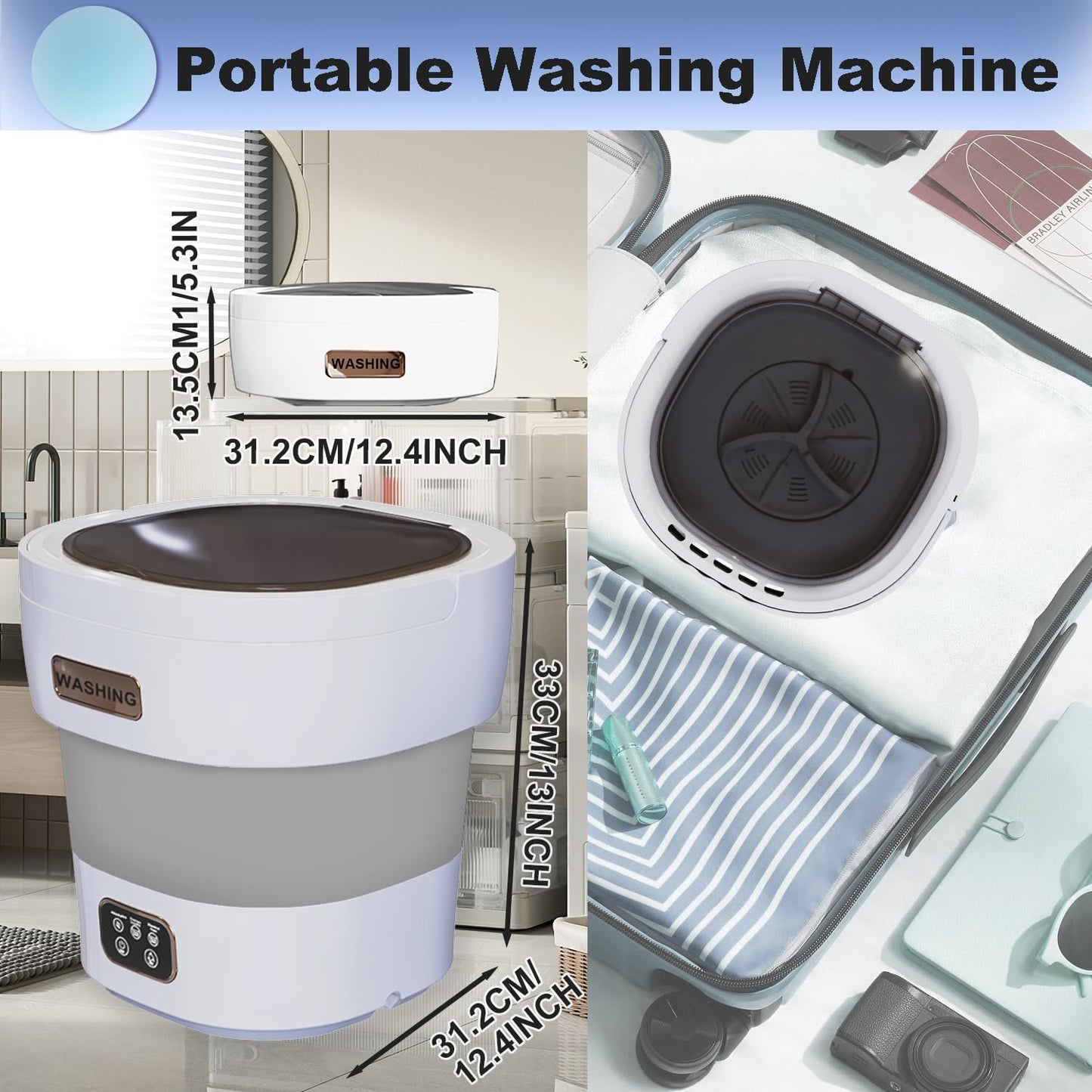 Portable Washing Machine,16L Mini Collapsible Washer with 3 Modes Cleaning for Underwear, Sock, Mini Folding Washer and Dryer Combo for Apartment,Camping,RV(Grey)