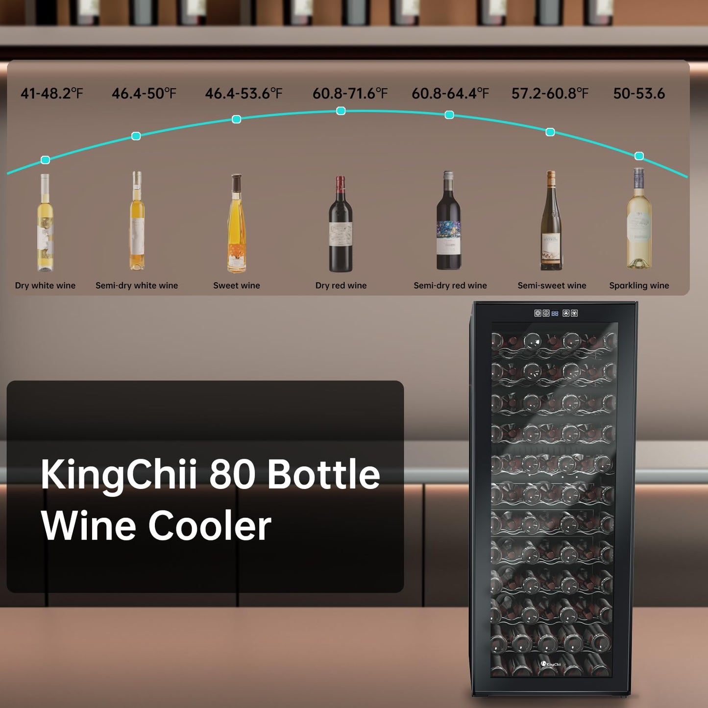 KingChii 16 Bottle Wine Cooler, Freestanding Wine Fridge with Glass Door, Adjustable Shelves & Digital Temperature Display Wine Refrigerator for Red, White, Champagne - Perfect for Home, Kitchen, Bar