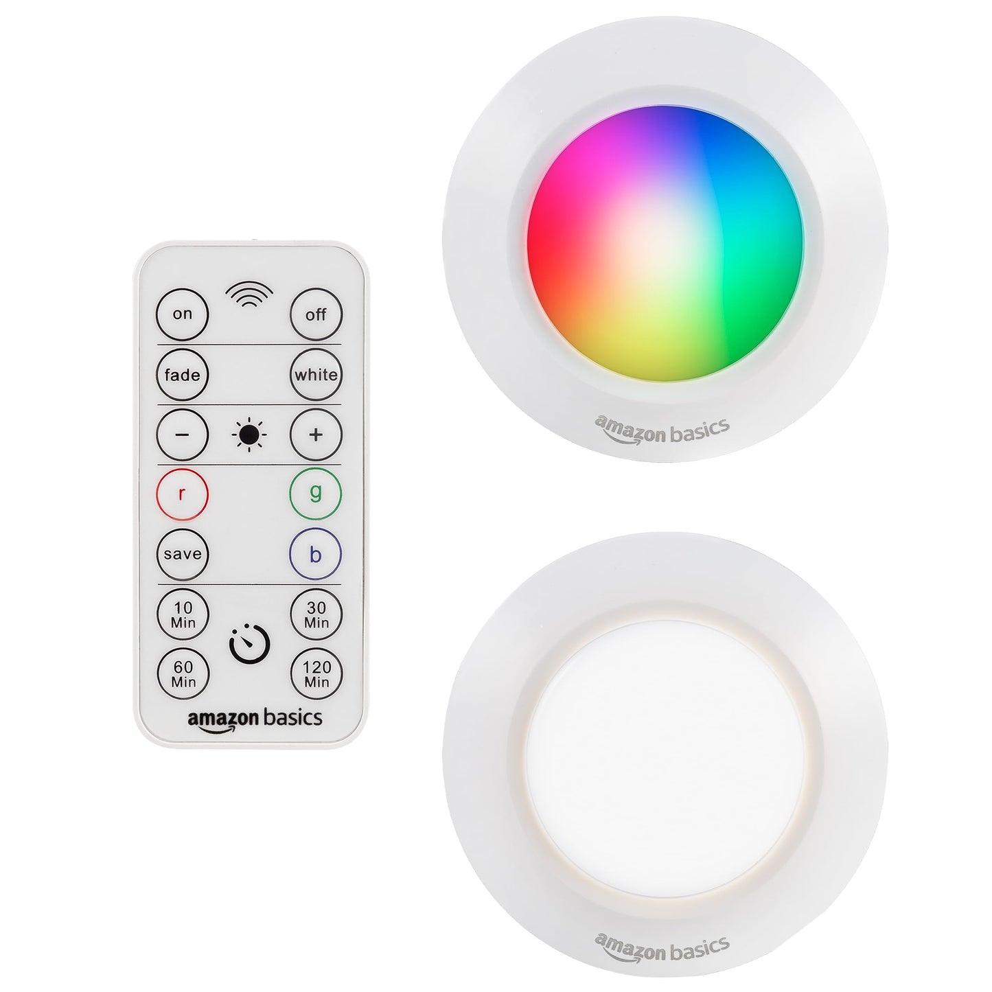 Amazon Basics LED Puck Lights, Color Changing, Battery Operated, IR Remote, 40 Lumens, 2 Pack, Wireless Lights, Stick on Lights, Under Cabinet Lighting, Ideal for Closets, and More, White