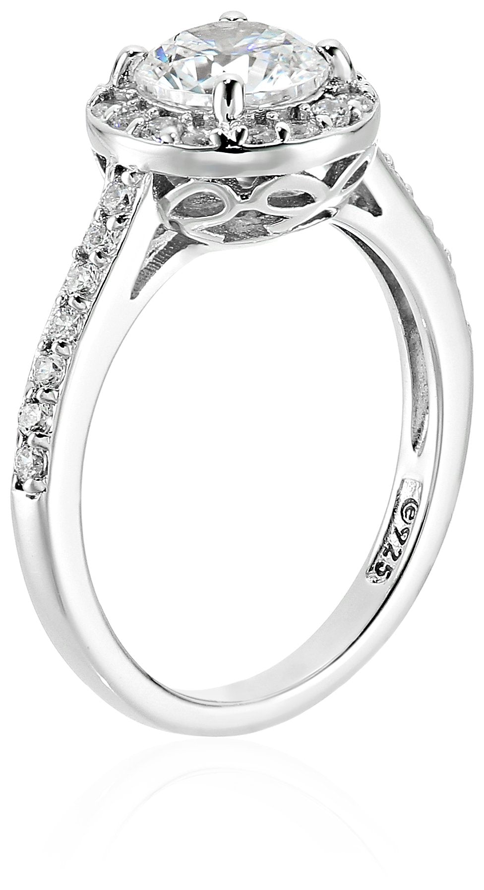 Essentials Platinum or Gold Plated Sterling Silver Round Halo Ring Made with Infinite Elements Zirconia, (previously Amazon Collection)