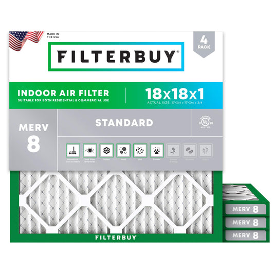 Filterbuy 10x10x1 Air Filter MERV 8 Dust Defense (4-Pack), Pleated HVAC AC Furnace Air Filters Replacement (Actual Size: 9.50 x 9.50 x 0.75 Inches)