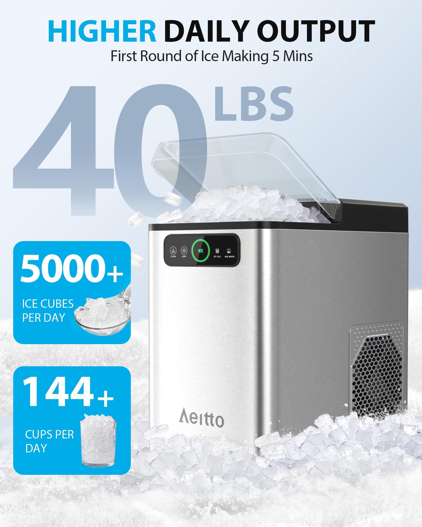 Aeitto Nugget Ice Maker 40Lbs/24H, Countertop Soft Chewable Ice Pebble Ice Machine, One-Click Operation, Auto Self-Cleaning Ice Makers with Scoop&Basket for Home, Office, Kitchen, Party (Silver)