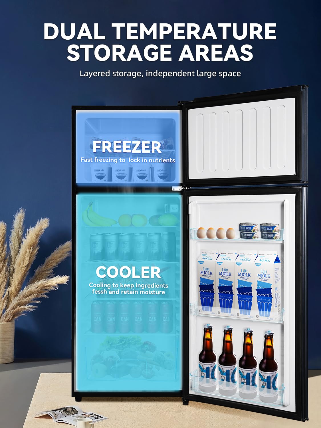 Mini Fridge with Freezer, 2.9 Cu.Ft Small Fridge, Energy Saving, Low Noise,7 Adjustable Thermostat, Double Door Small Refrigerator for Dorm, Bedroom, Office