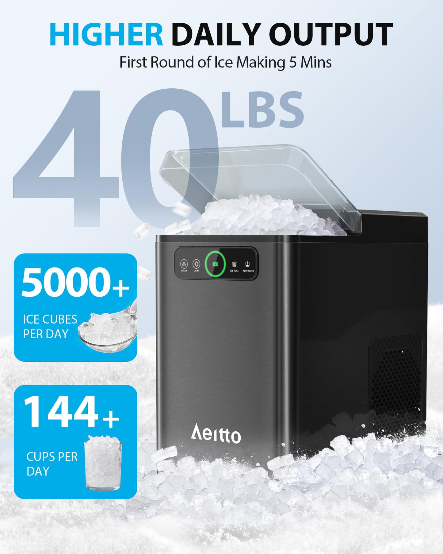 Aeitto Nugget Ice Maker 40Lbs/24H, Countertop Soft Chewable Ice Pebble Ice Machine, One-Click Operation, Auto Self-Cleaning Ice Makers with Scoop&Basket for Home, Office, Kitchen, Party (Silver)