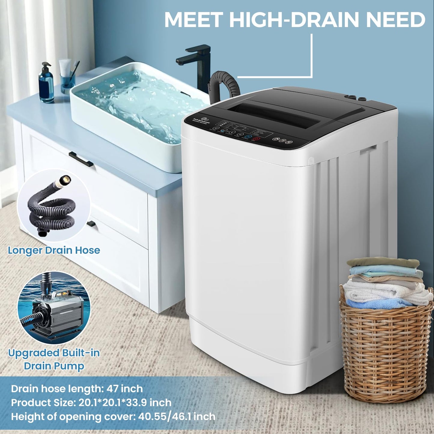 Nictemaw Portable Washing Machine, 17.8Lbs Capacity Portable Washer with Drain Pump, 10 Wash Programs 8 Water Levels, 2.4 Cu.ft Full-automatic Compact Washer Machine for Apartment, Dorm, Rvs