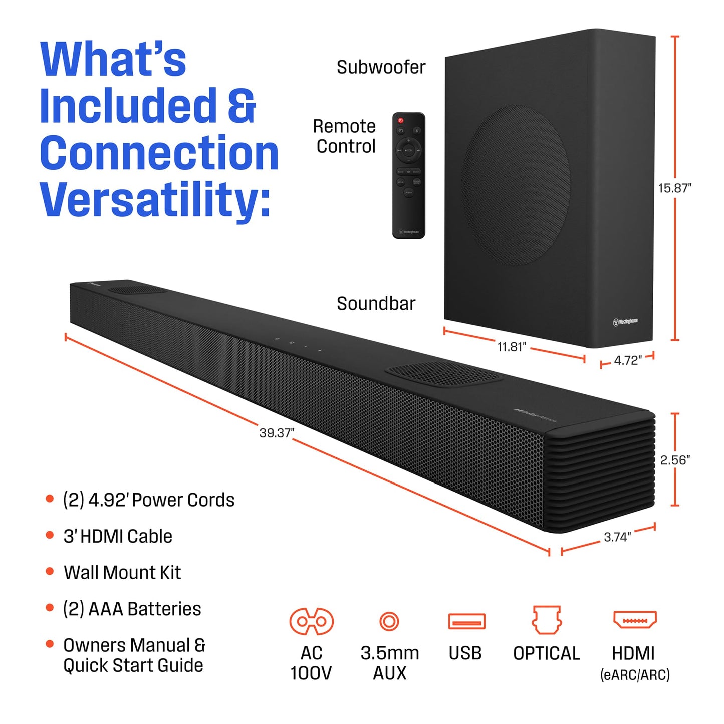 Westinghouse Mini barra de sonido compacta de 2.0 canales con Dolby Atmos y Digital Plus, sistema de sonido envolvente de 120 W para TV, audio de cine en casa, Bluetooth, fácil configuración, listo