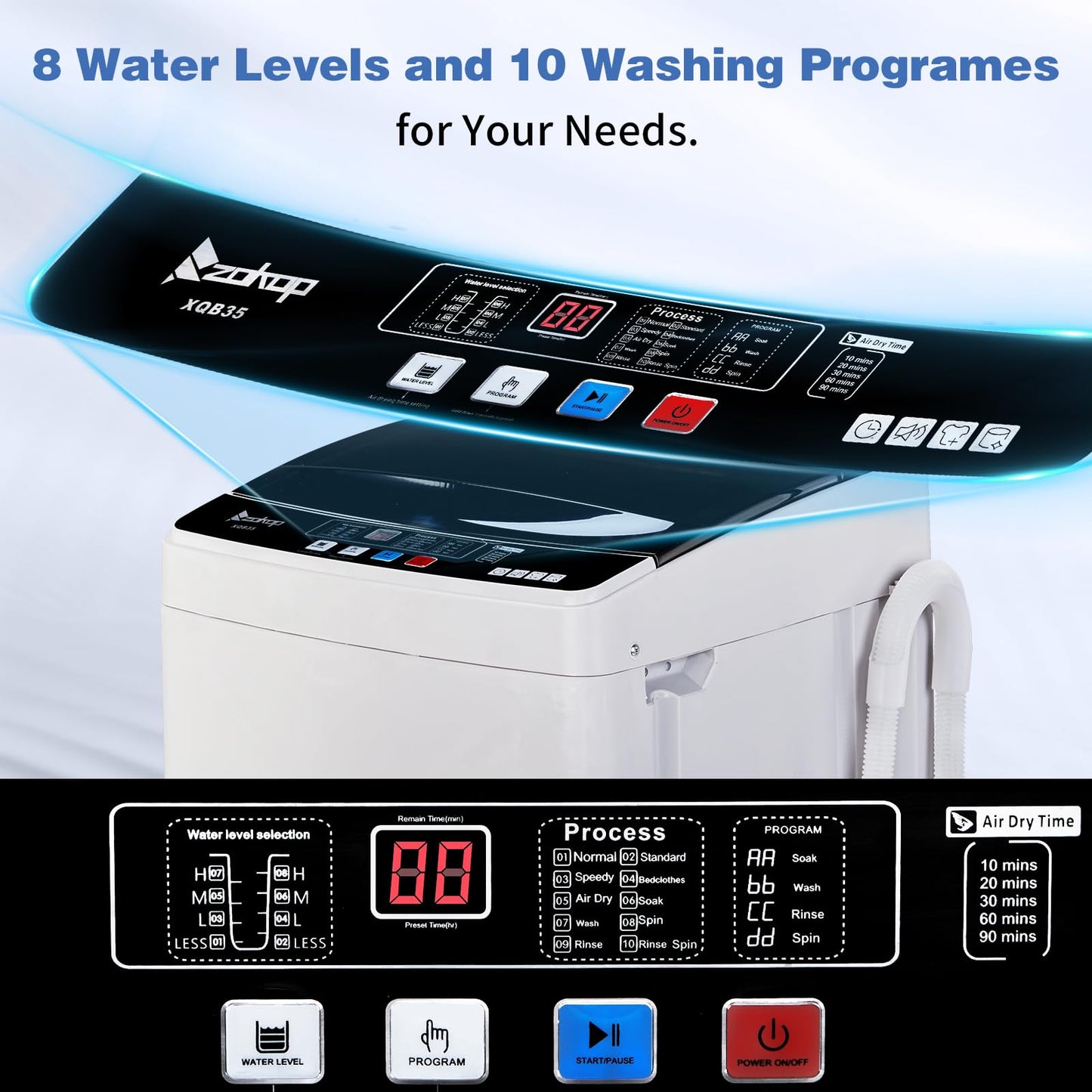 Winado Full Automatic Washing Machine, 15.6Lbs Top Load Portable Washer with Drain Pump, 10 Wash Programs 8 Water Level Washer and Dryer Combo, 2 in 1 Washer and Dryer for Apartments, RV, Camping