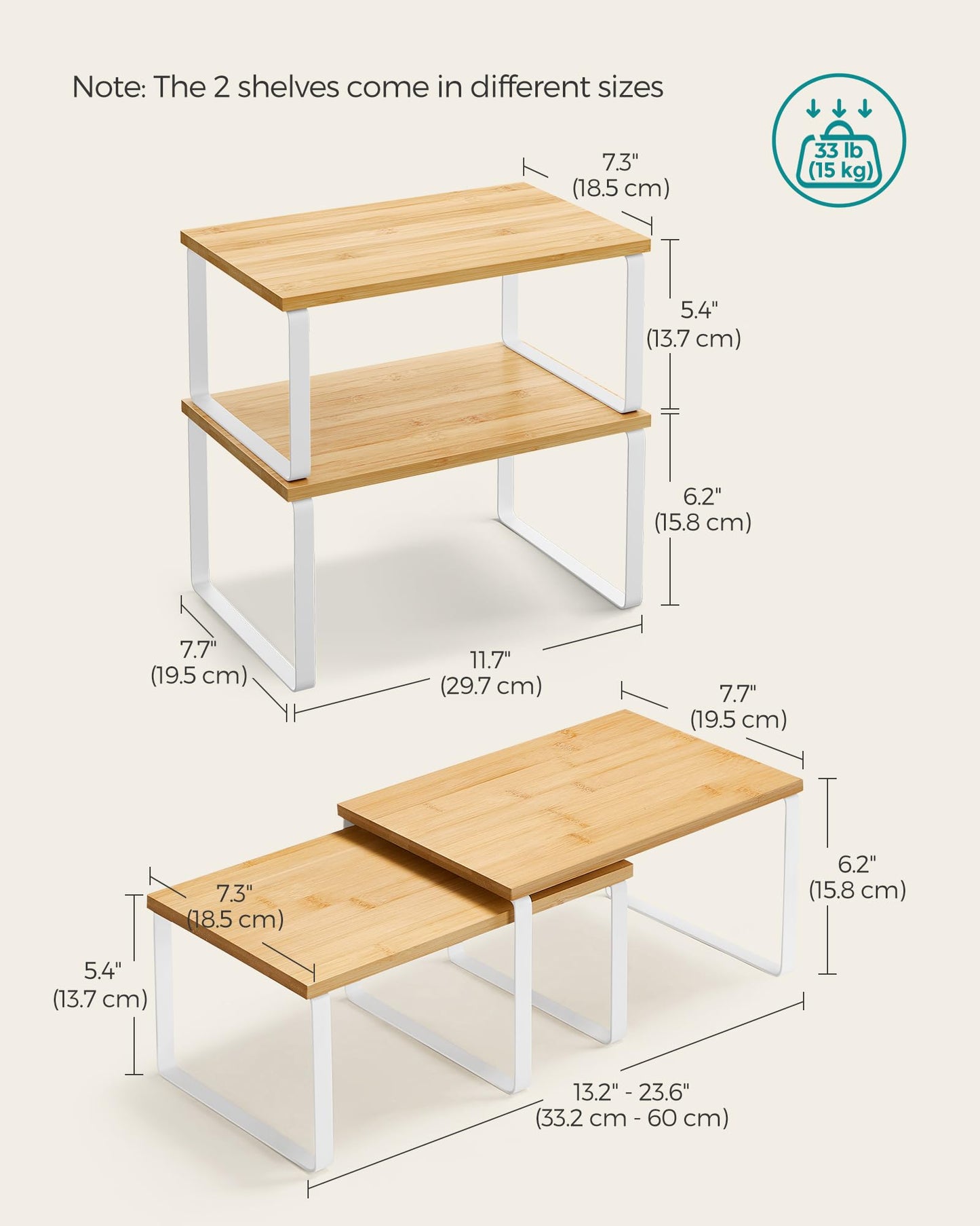 SONGMICS Cabinet Organizer Shelf, Set of 2 Kitchen Counter Shelves, Kitchen Storage, Spice Rack, Stackable, Expandable, Metal and Engineered Wood, Cloud White and Natural Beige UKCS200W01