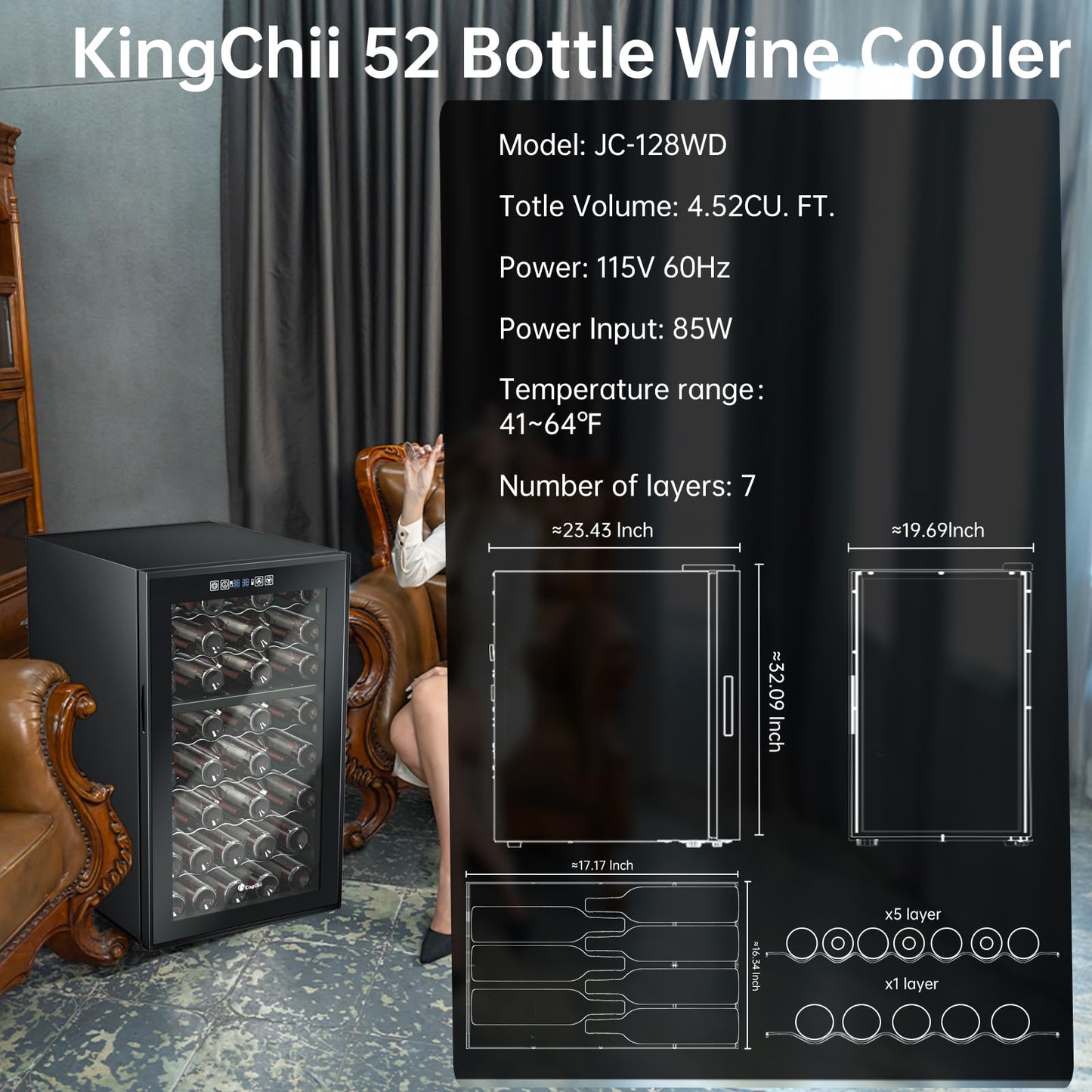 KingChii 16 Bottle Wine Cooler, Freestanding Wine Fridge with Glass Door, Adjustable Shelves & Digital Temperature Display Wine Refrigerator for Red, White, Champagne - Perfect for Home, Kitchen, Bar