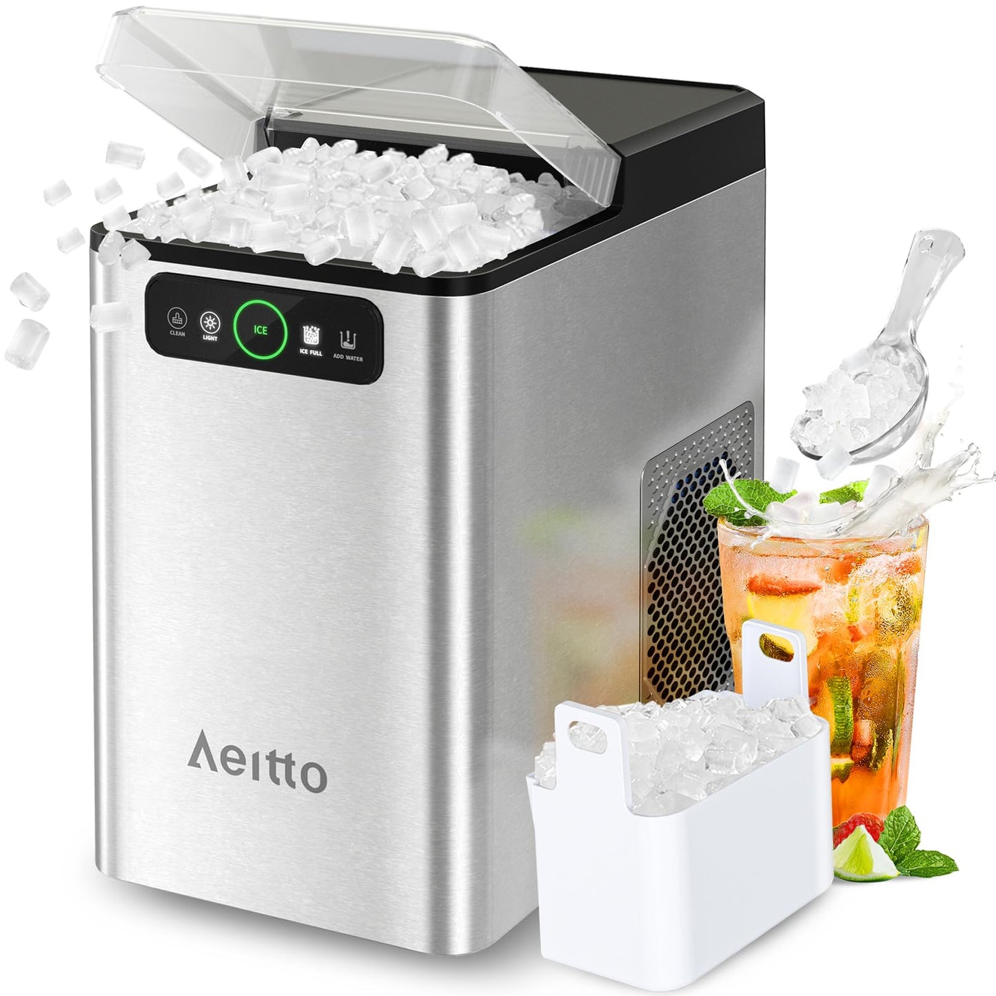 Aeitto Nugget Ice Maker 40Lbs/24H, Countertop Soft Chewable Ice Pebble Ice Machine, One-Click Operation, Auto Self-Cleaning Ice Makers with Scoop&Basket for Home, Office, Kitchen, Party (Silver)