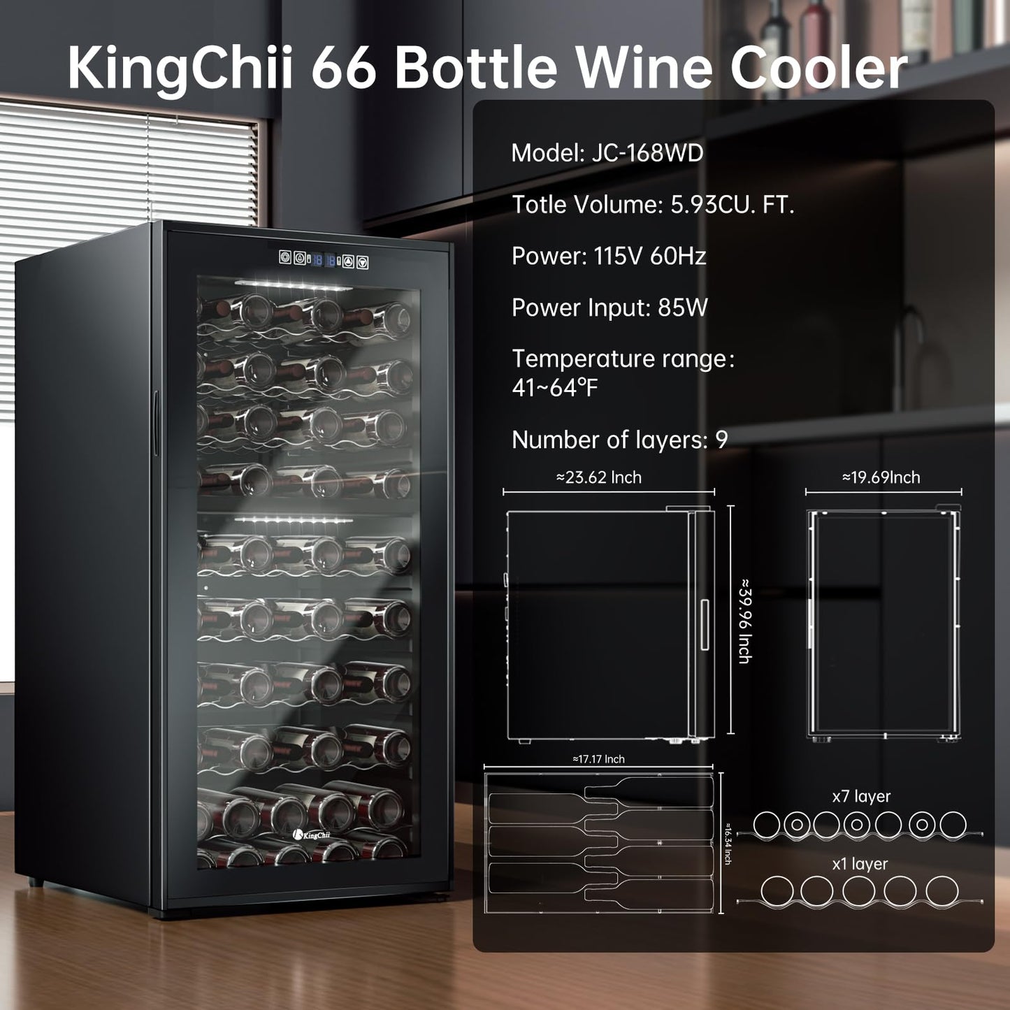 KingChii 16 Bottle Wine Cooler, Freestanding Wine Fridge with Glass Door, Adjustable Shelves & Digital Temperature Display Wine Refrigerator for Red, White, Champagne - Perfect for Home, Kitchen, Bar